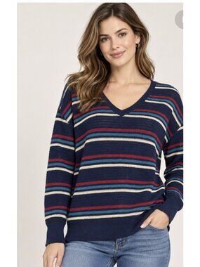 Ann Taylor Loft Pullover Sweater Size M/ L Navy Blue Stripe V-Neck Preppy